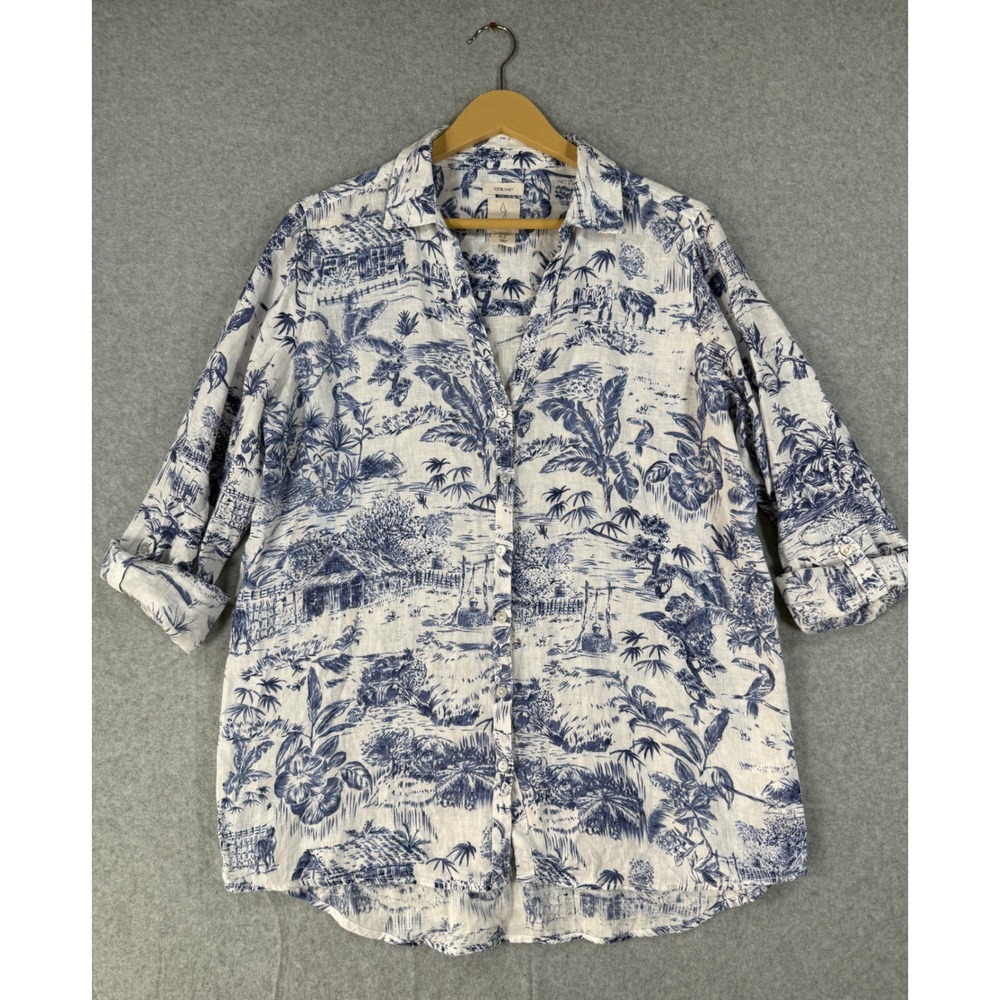 Joie Medium Linen Shirt Coastal Tropical Toile Blue White Button Down
